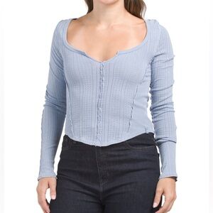 NWT WE THE FREE Long Sleeve Split Neck Pointelle Tee SIZE XL - Blue